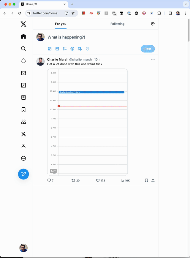 I am scrolling on Twitter. Posts only appear once they are fully visible in the browser’s view port.